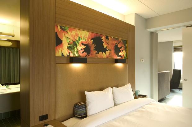 Modern hotel room with comfortable bedding and workspace